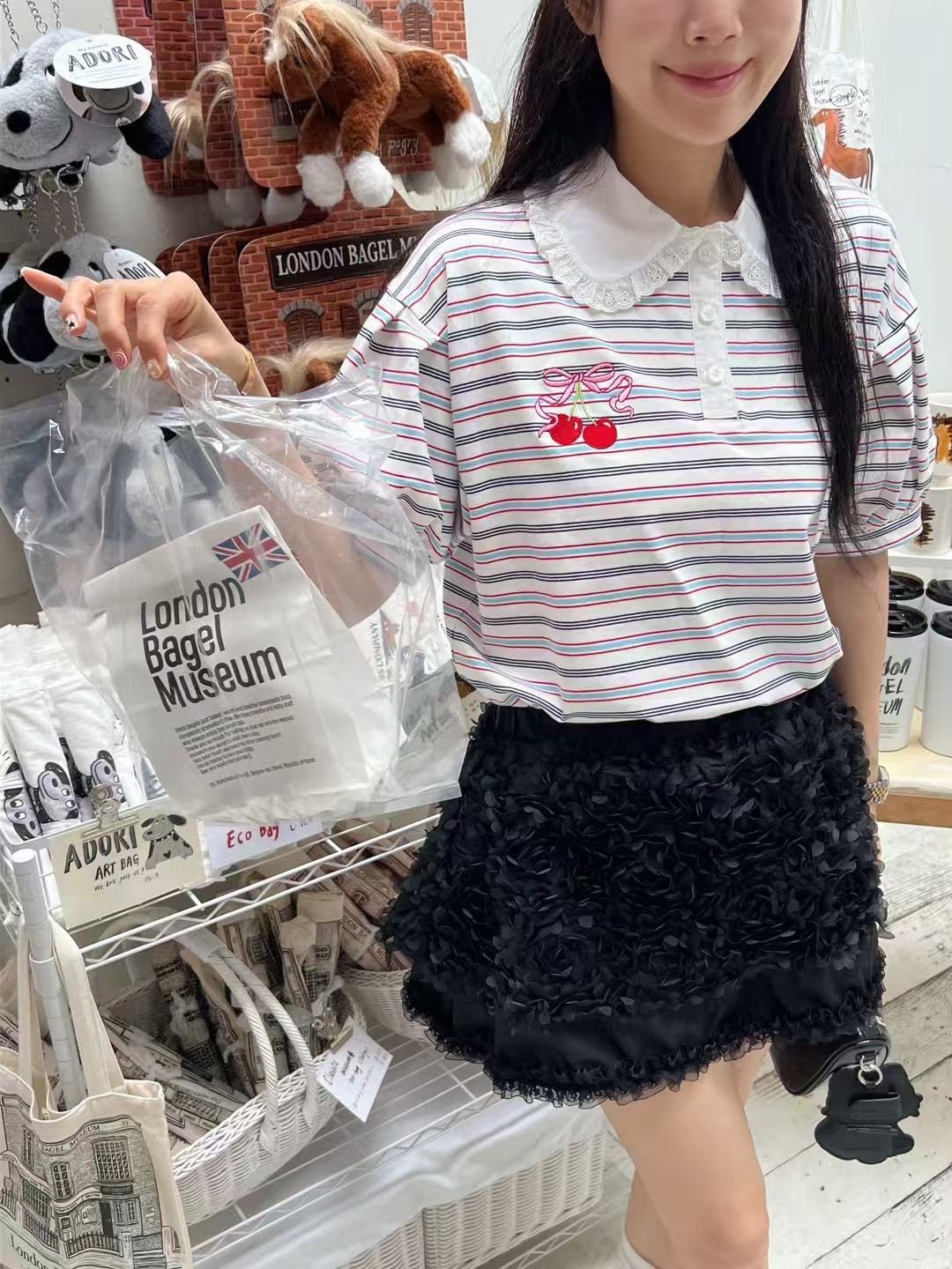 條紋櫻桃白領短袖T
