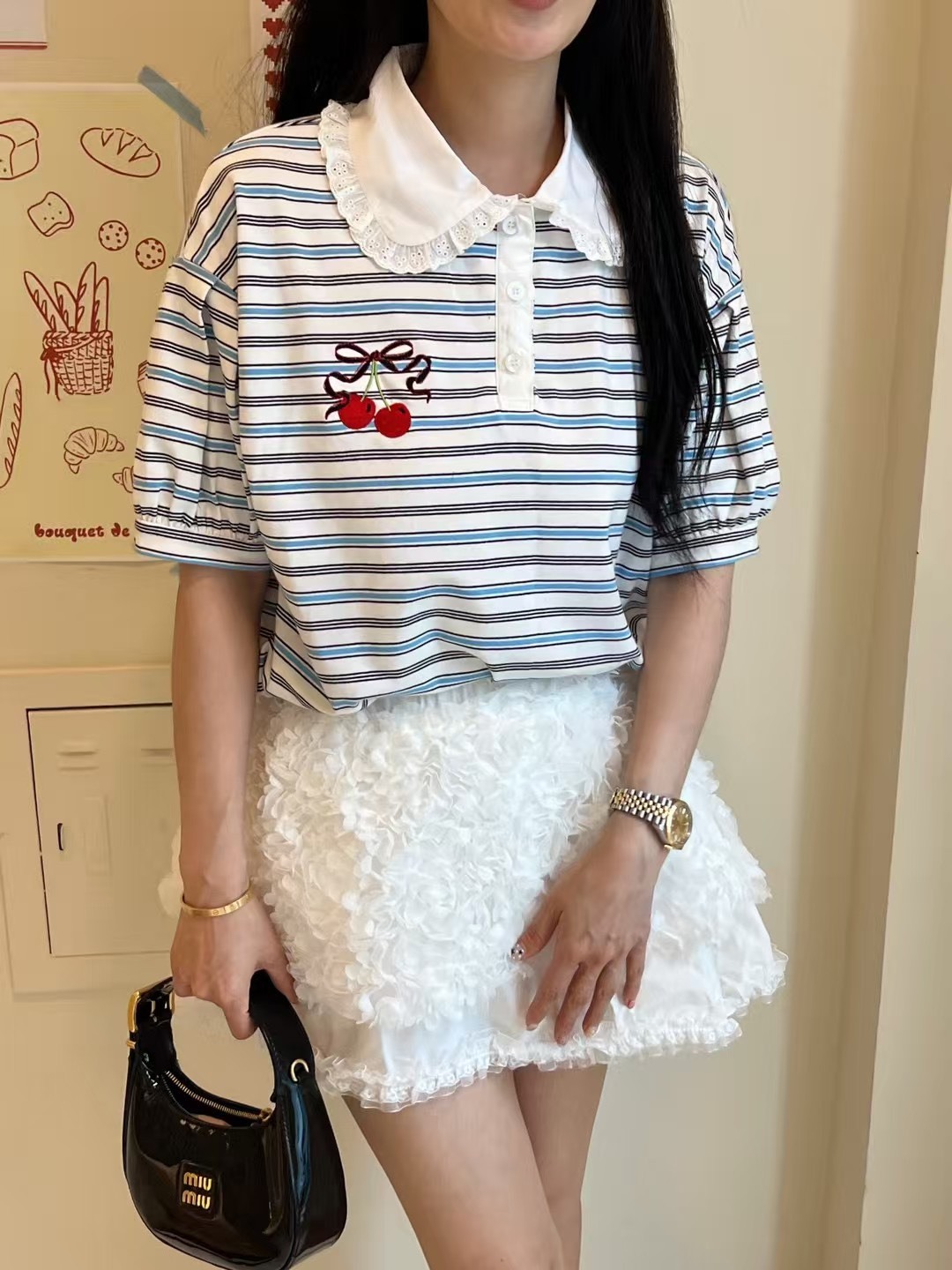 條紋櫻桃白領短袖T