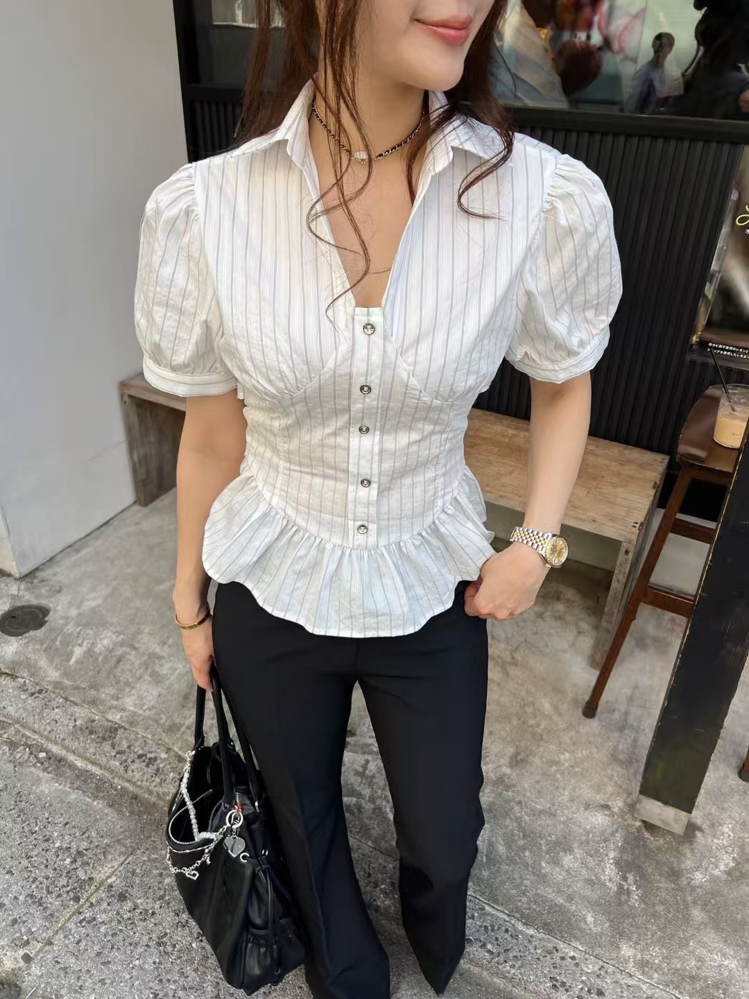 直線公主袖露背綁帶襯衫