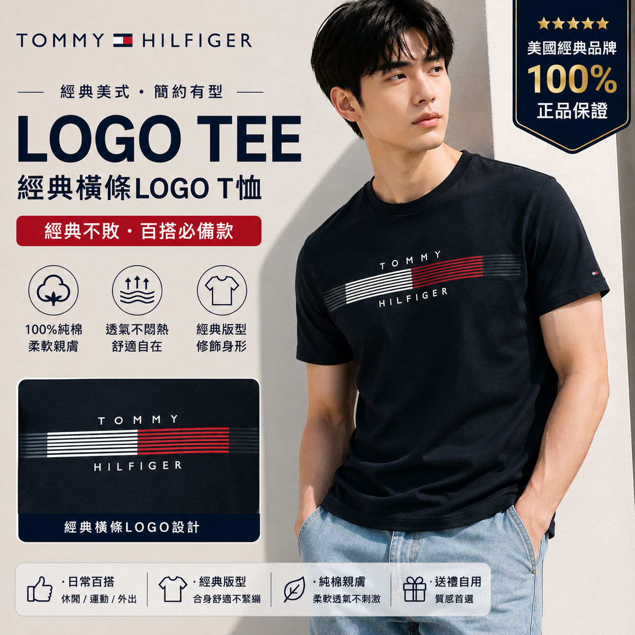 【直播】TOMMY HILFIGER LX070322  男裝胸前條紋短袖上衣 (黑色)