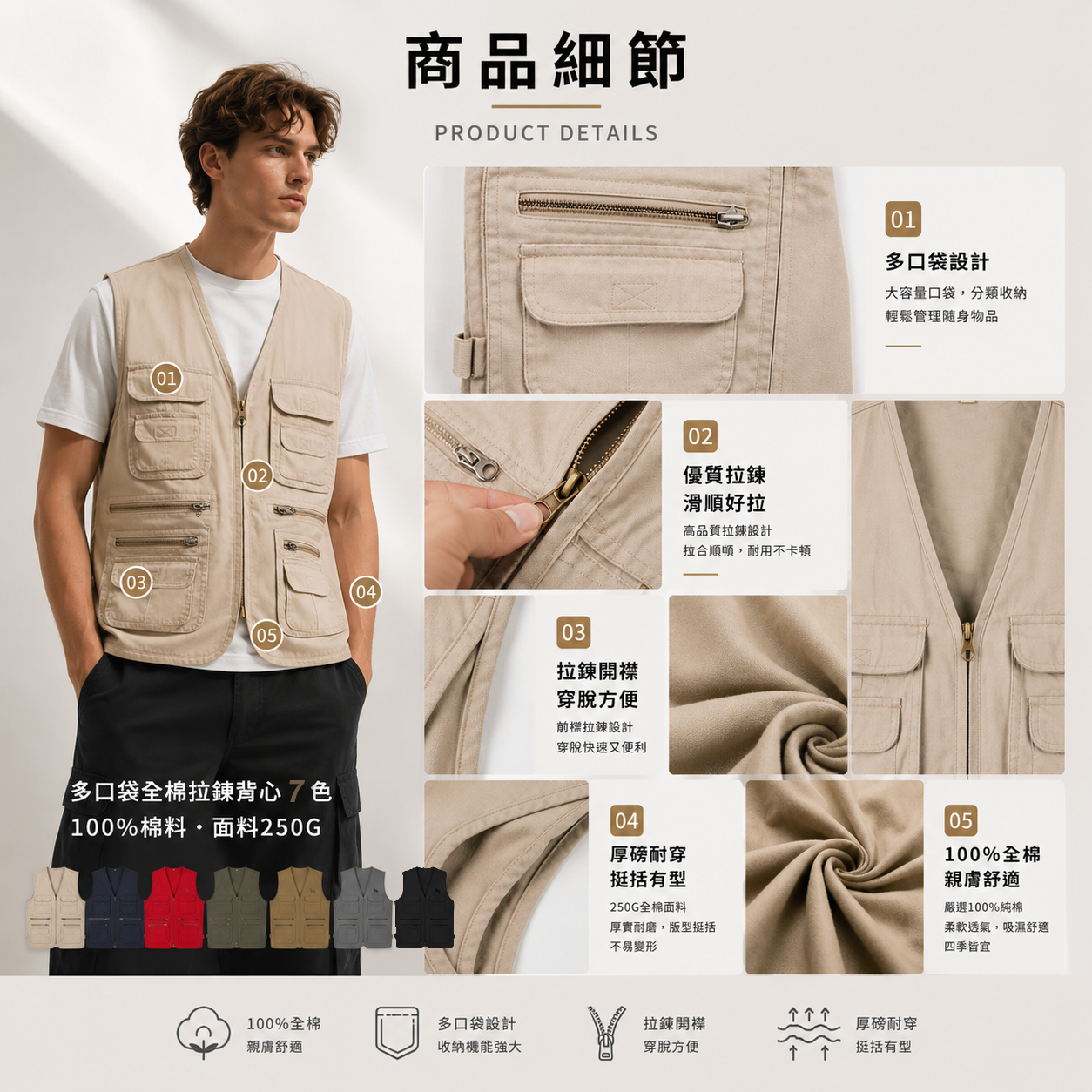 MNDK莫納帝克｜客製化團體服｜專業運動服｜公司制服｜台中-RV03-多口袋全棉拉鍊背心