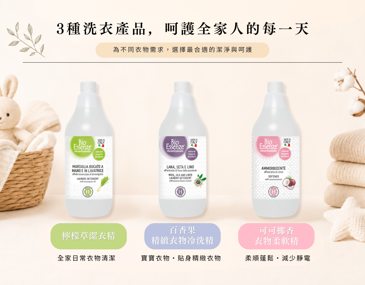 Ricaricando檸檬草潔衣精、百香果精緻衣物冷洗精與可可椰香衣物柔軟精並排,說明三款洗衣產品的使用差異