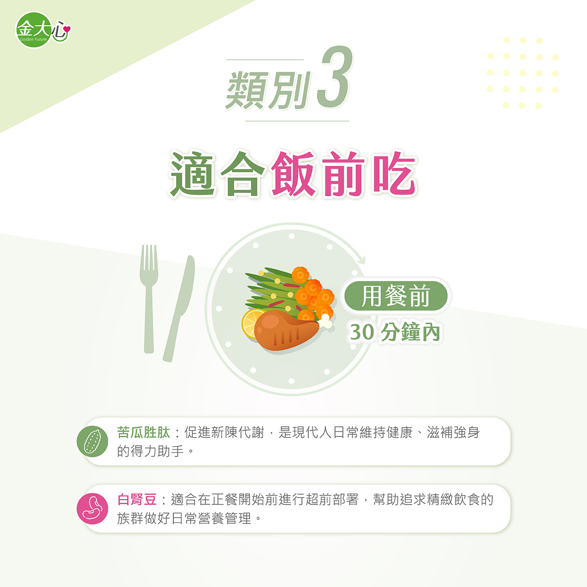 保健食品補充類別三,苦瓜胜肽與白腎豆可依產品標示安排飯前補充