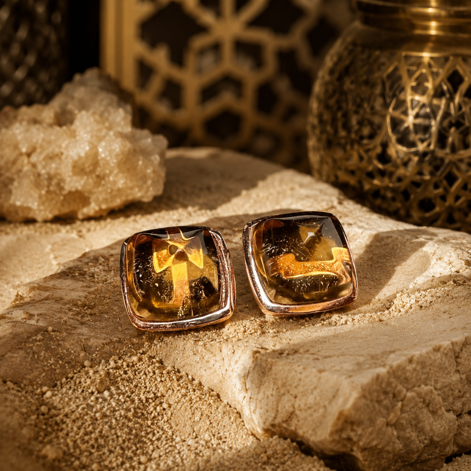 ต่างหูเงินแท้ 925 ประดับพลอยซิทริน (Citrine) ทรงหลังเบี้ย (Sugarloaf)
