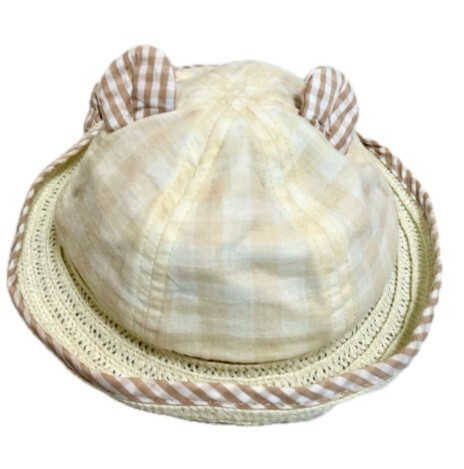 【Nishimatsuya】Infant Bear Ears Straw Sun Hat with Gingham Sunshade Flap (46cm)