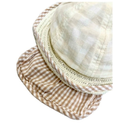 【Nishimatsuya】Infant Bear Ears Straw Sun Hat with Gingham Sunshade Flap (46cm)