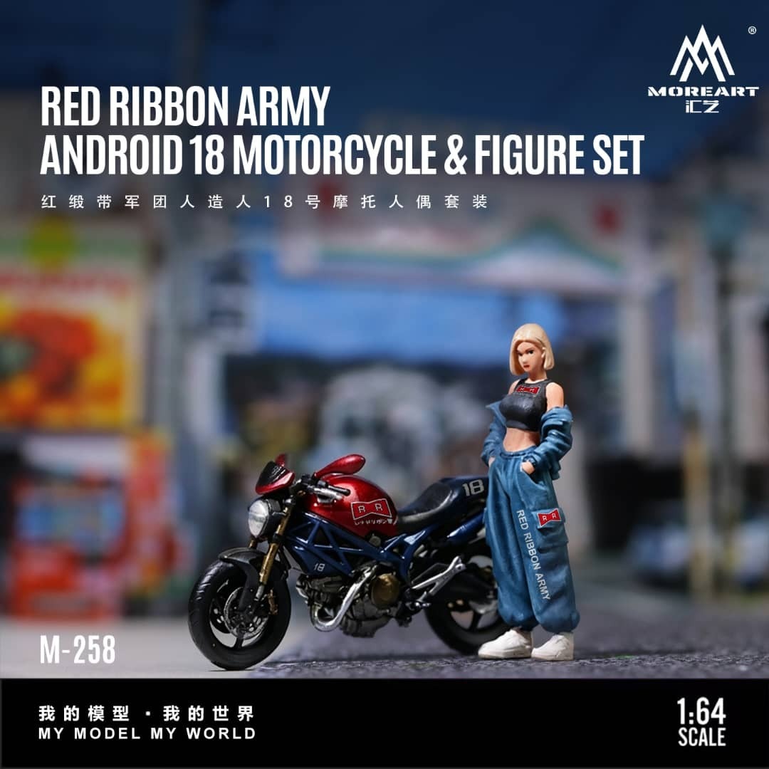 PO-$150 * MOREART * 1:64 FIGURE - RED RIBBON ARMY ANDROID 18 MOTORCYCLE & FIGURE SET