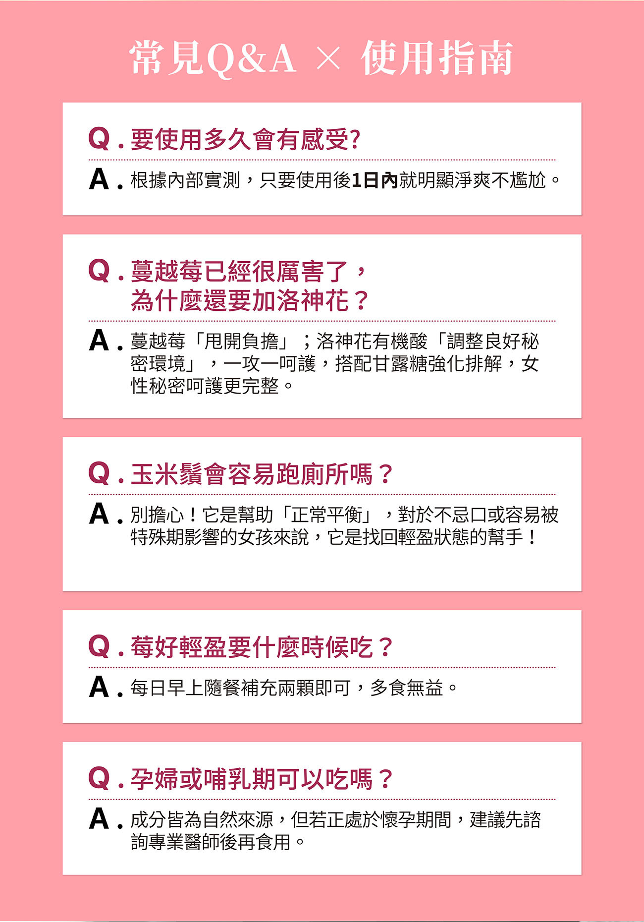莓好輕盈私密保養常見問題(FAQ):詳細解答食用方法、蔓越莓與洛神花搭配優勢、以及孕期保健等產品使用指南。