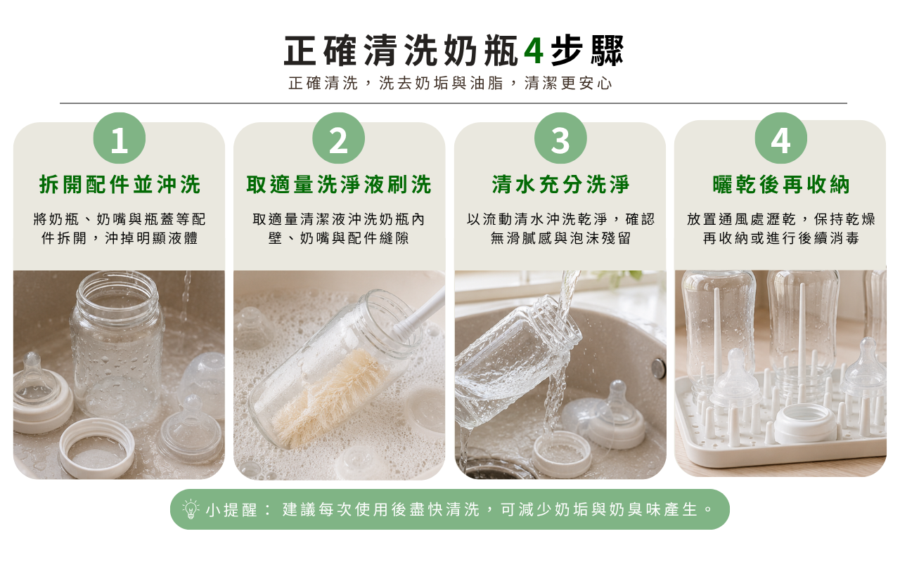 正確清洗奶瓶四步驟拆開沖洗刷洗充分沖淨晾乾收納