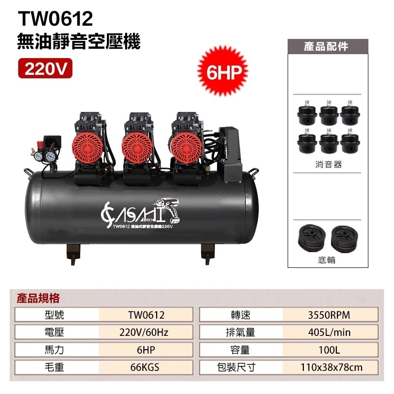 附發票｜TW0612｜無油靜音空壓機220V 6HP 100L 三馬達6進氣 空氣壓縮機 打石 噴漆修