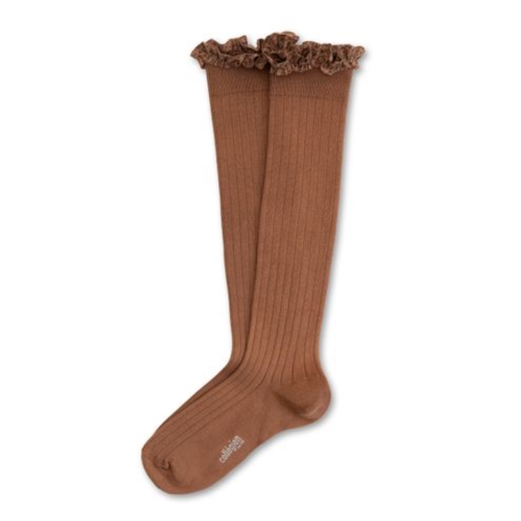 (預購) COLLEGIEN 豹紋愛心荷葉邊羅紋及膝襪 Chantal - 326 Mocha Mousse 摩卡慕斯