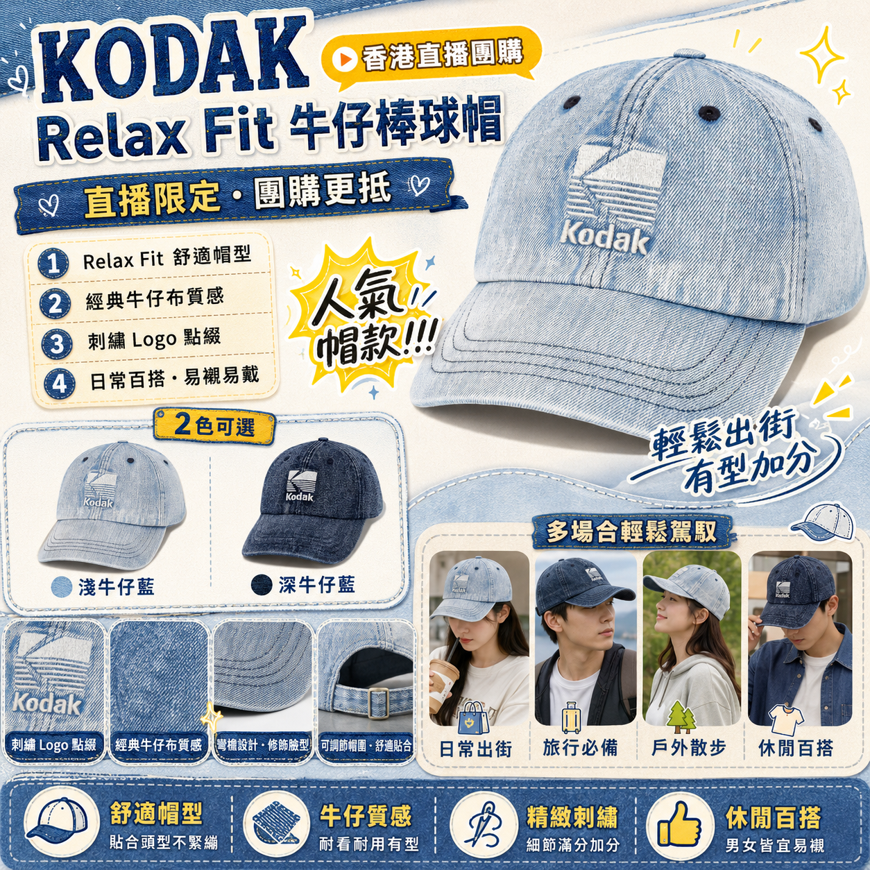 【直播】KODAK LX070810 Relax Fit 牛仔棒球帽  (K6143LCP23)