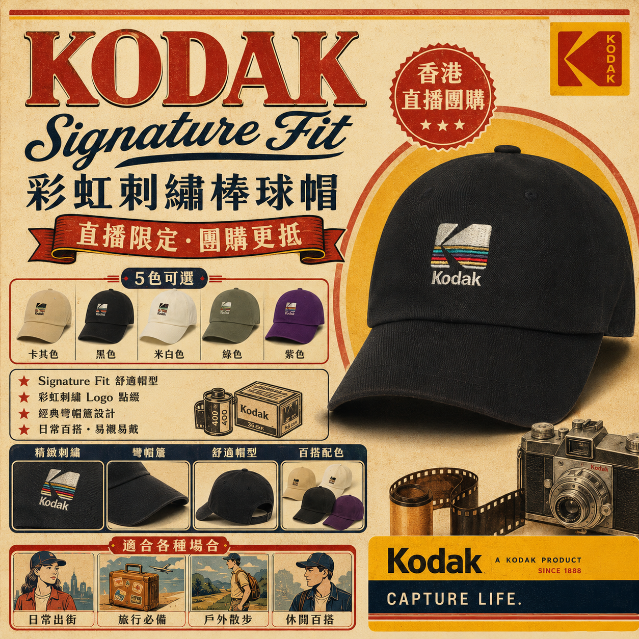 【直播】KODAK LX070811 Signature Fit 彩虹刺繡棒球帽 (K6343LCP63)