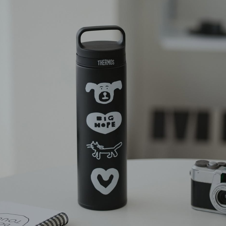 THERMOS x INAPSQUARE 黑白童趣塗鴉 提把真空保溫杯 600ml 黑色