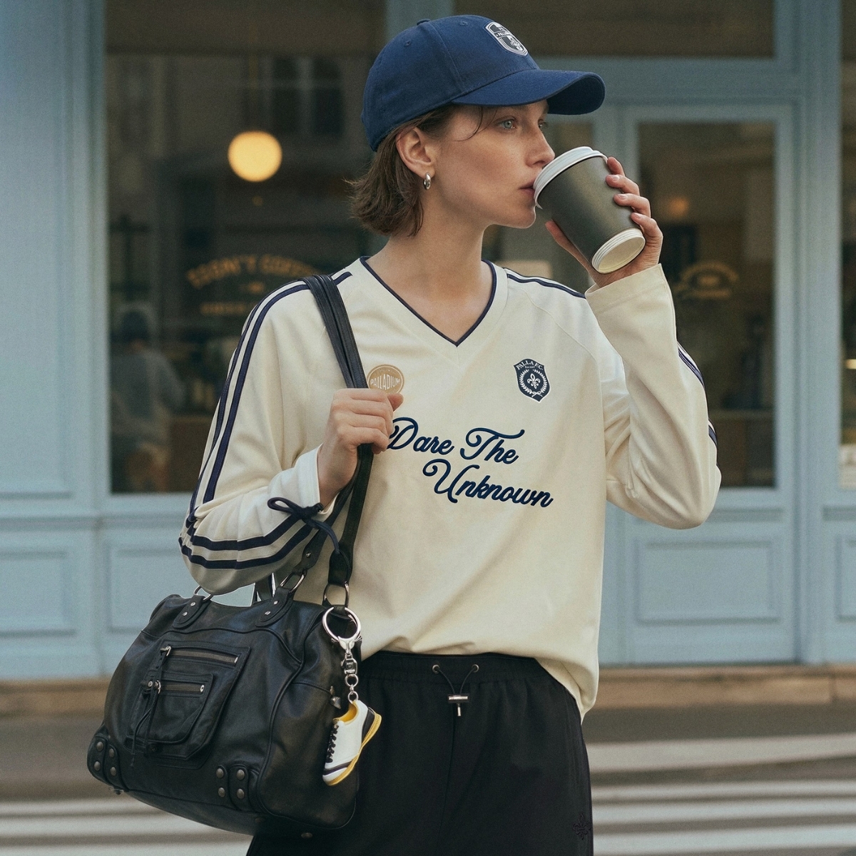 女裝復古 PALLA F.C. 寬鬆落肩V領長袖T裇