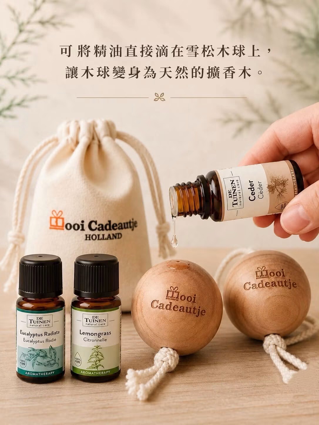 荷蘭 Mooi Cadeautje 雪松木球5入組 (大顆掛繩版) + De Tuinen 精油10ml (6款可選)