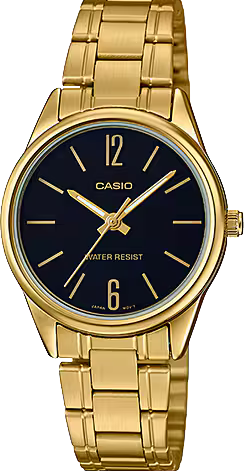 萬年鐘錶 - CASIO 卡西歐 時尚簡約金色黑面不鏽鋼錶帶女錶 LTP-V005G-1B 錶徑28.2MM