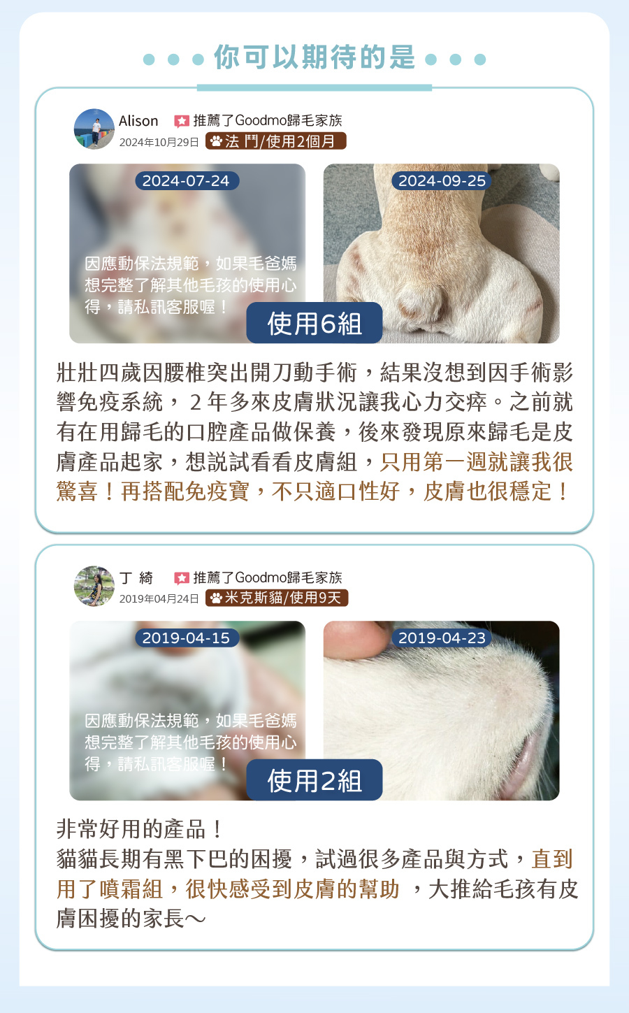 歸毛家族寵物皮膚組真實見證,包含法鬥改善免疫型皮膚問題,以及貓咪使用噴霜組解決黑下巴困擾的好評推薦