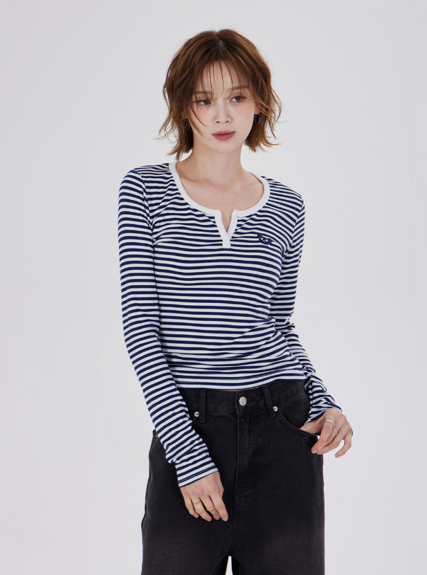 韓國代購 棒棒糖 STRIPE ROUND EMBROIDER T-SHIRT