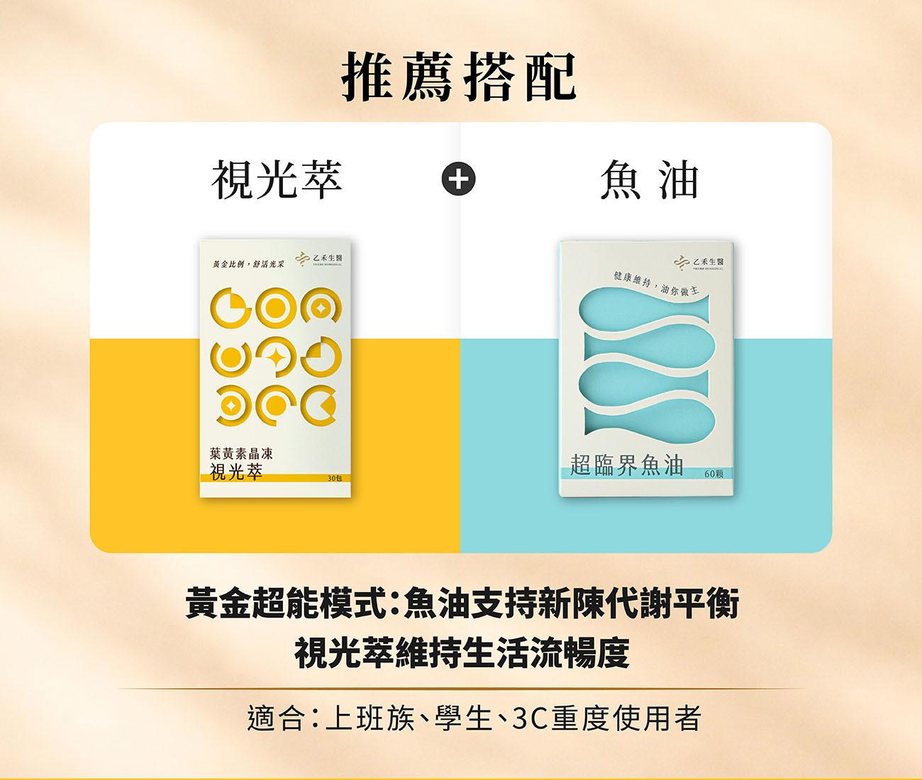 乙禾生醫推薦保健搭配:視光萃葉黃素晶凍結合超臨界魚油,打造黃金超能模式,適合上班族、學生與3C重度使用者維持新陳代謝與生活流暢度。