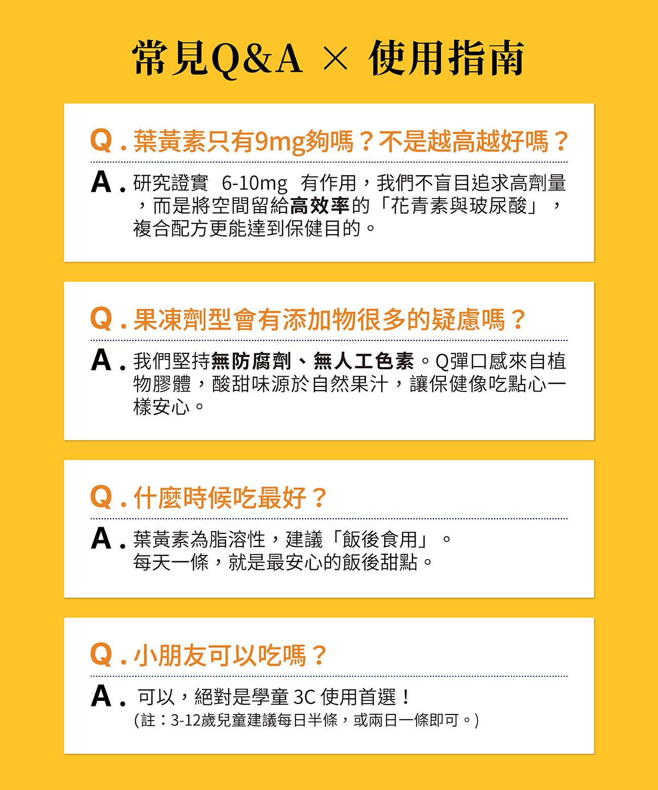 視光萃常見問答與使用指南,解答葉黃素最佳劑量、果凍無防腐劑疑慮、飯後食用建議,以及3至12歲兒童適合的食用方式。