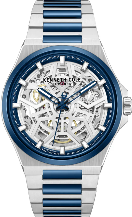 萬年鐘錶 - KENNETH COLE  美國紐約品牌  銀鋼藍圈透視機芯機械男錶 KCWGY0065304 錶徑44MM