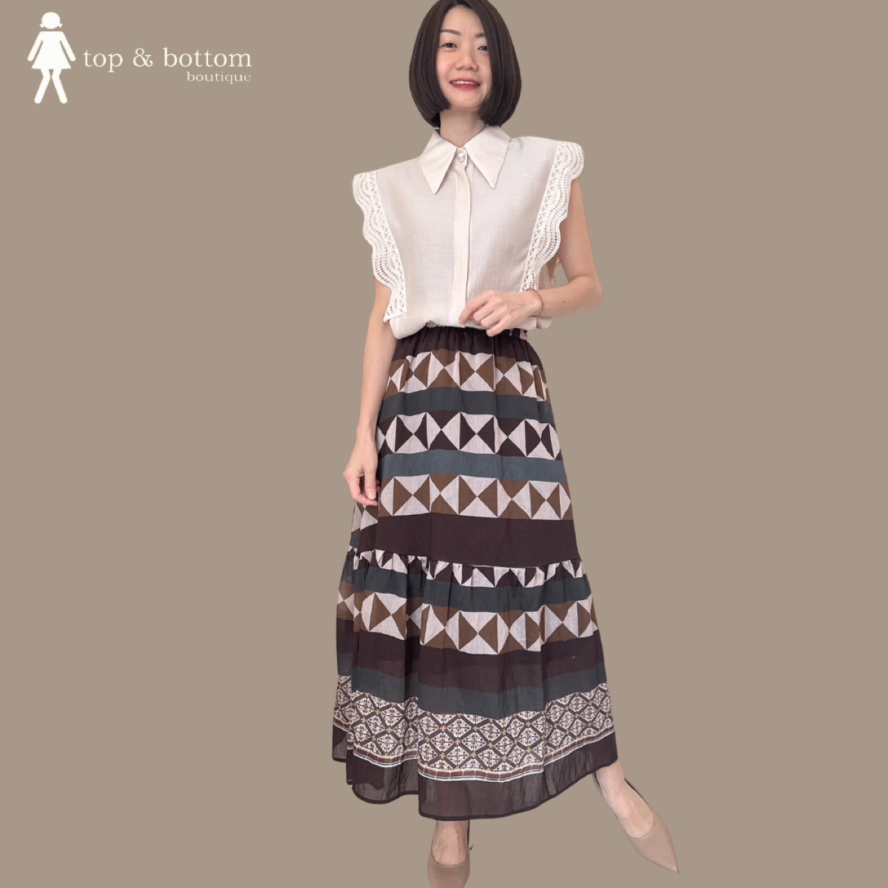 COTTON LACE SLEEVE COLLARED BUTTON BLOUSE