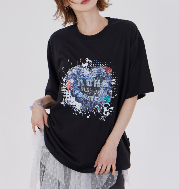 韓國代購 棒棒糖 男女同款夏日TOP VINTAGE HEART PATCH T-SHIRT