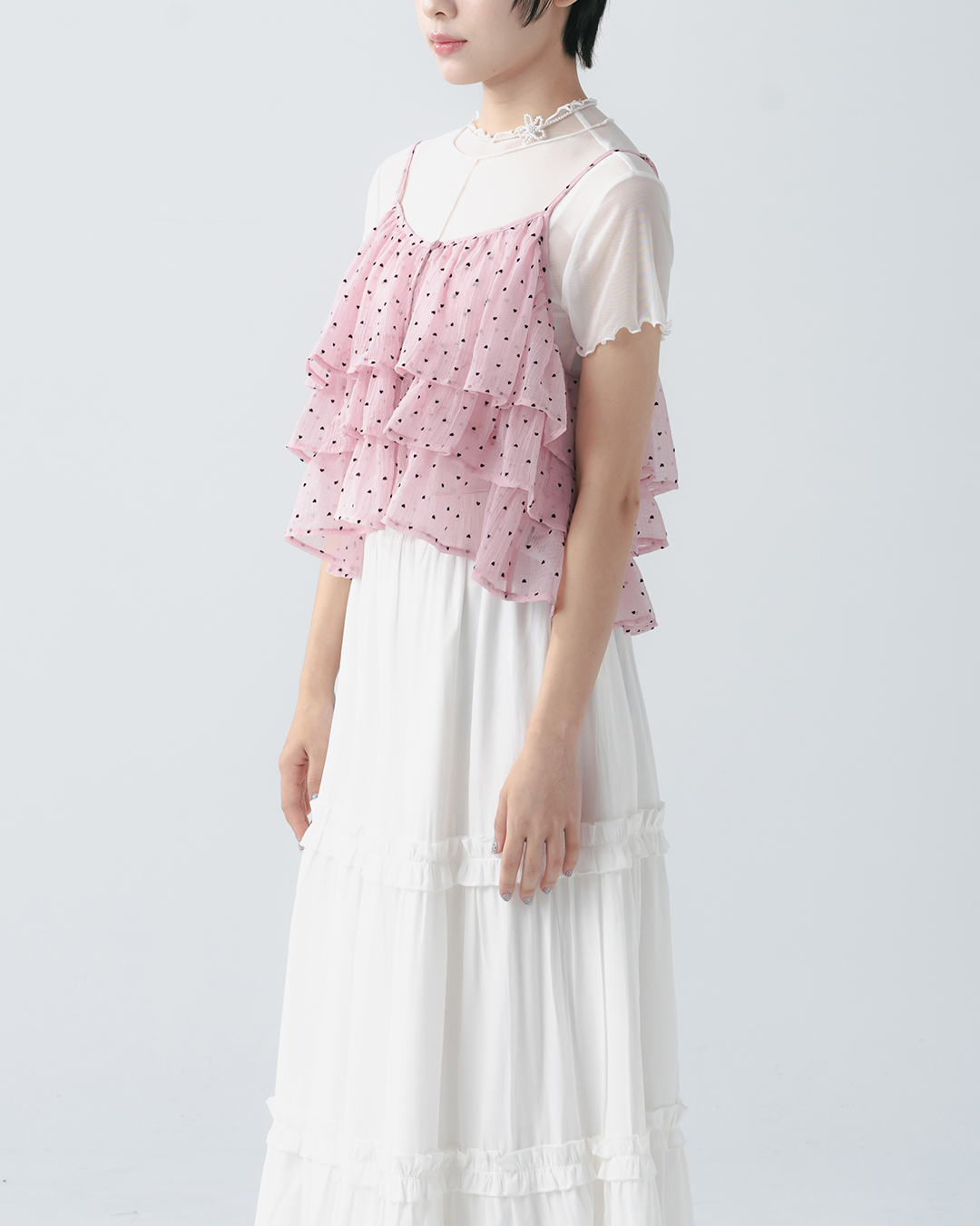 Full-print flocked heart multi-layered ruffle vest - pink【01099820】in stock+pre-order