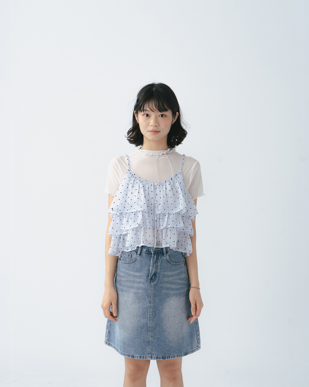 Full-print flocked heart multi-layered ruffle vest - blue【01099819】in stock+pre-order