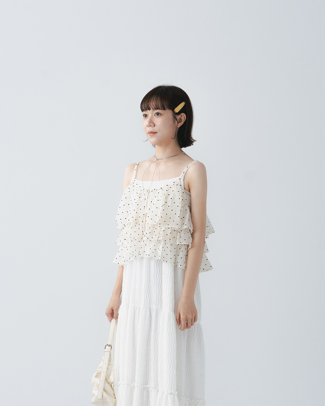 All-over flocked heart multi-layered ruffle vest - Apricot【01099817】in stock+pre-order