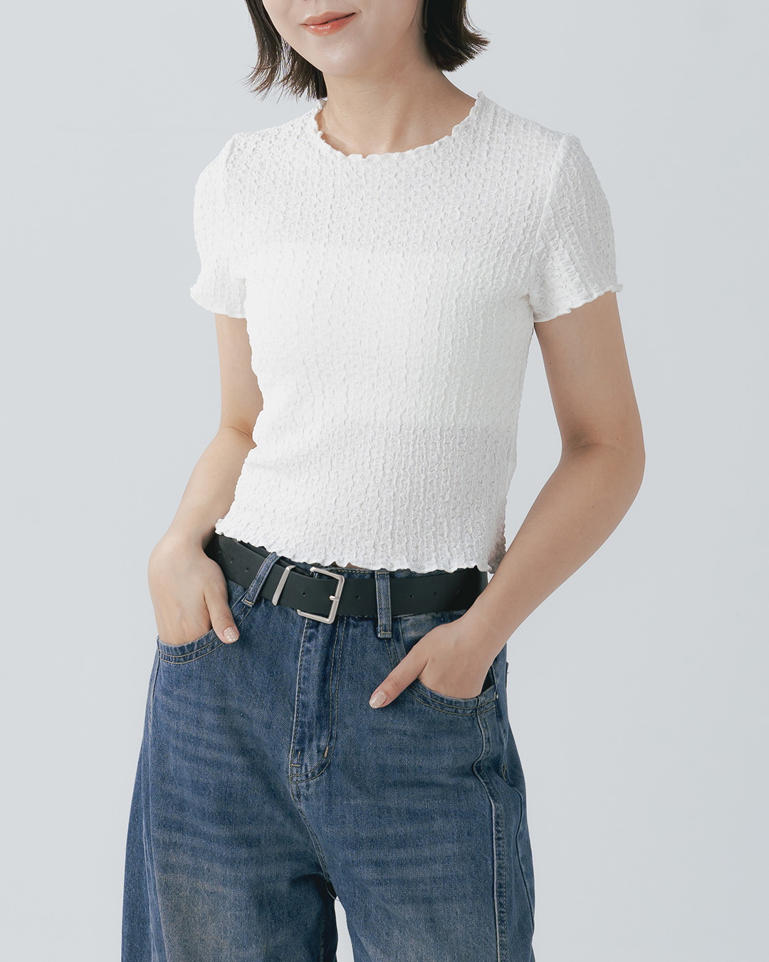 3D Jacquard Textured Ruffled Short-Sleeve Top - White S/M【01099807】in stock+pre-order
