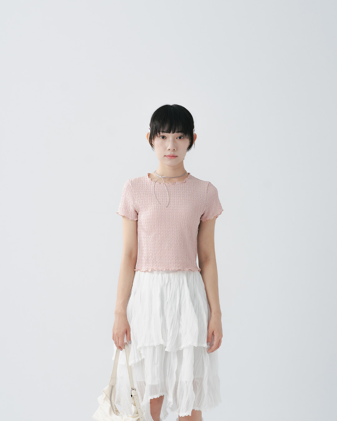 3D Jacquard Textured Ruffled Short-Sleeve Top - Pink (S/M)【01099809】in stock+pre-order