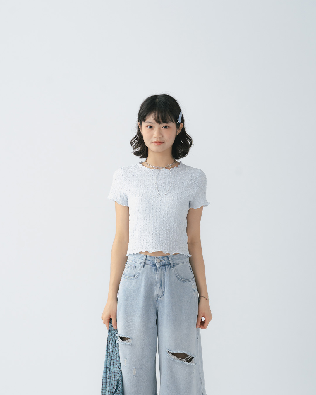 3D Jacquard Textured Ruffled Short-Sleeve Top - Blue S/M【01099810】in stock+pre-order