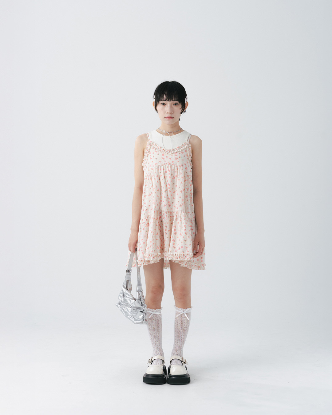 Floral print ruffled design spaghetti strap short dress【01087347】in stock+pre-order