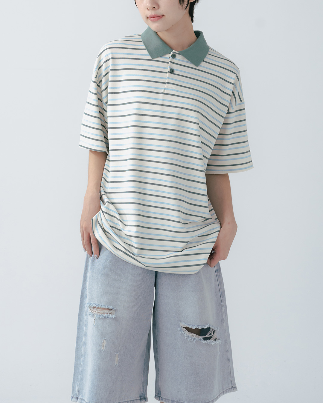 Striped polo collar short-sleeved top in three colors【01060083】in stock+pre-order