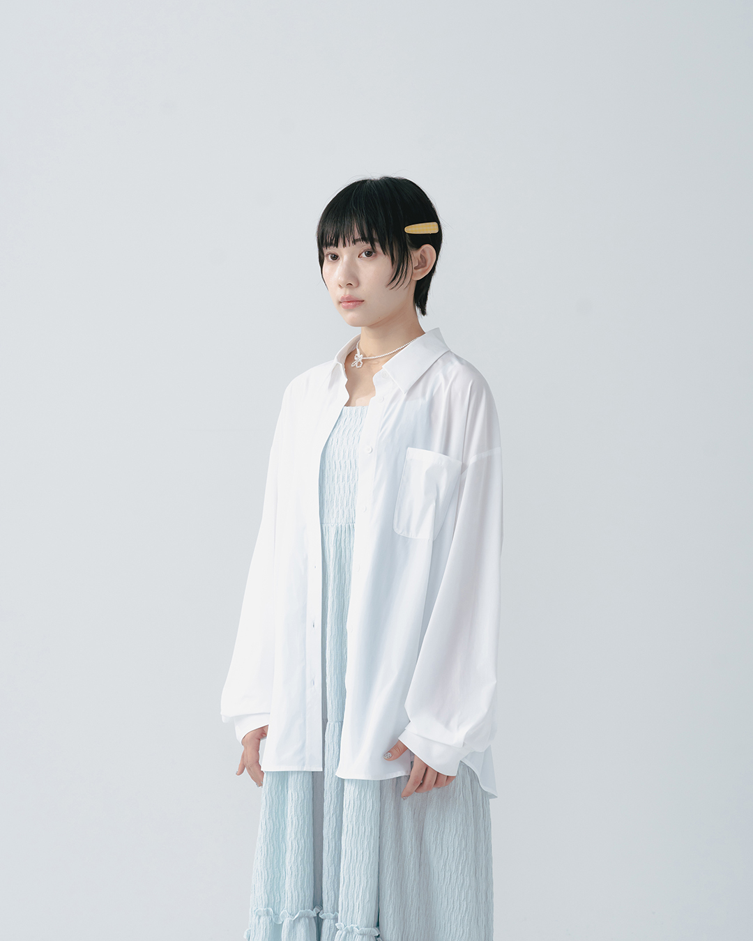 Simple plain long-sleeved shirt with a cool, sun-protective feel - white【01025779】in stock+pre-order