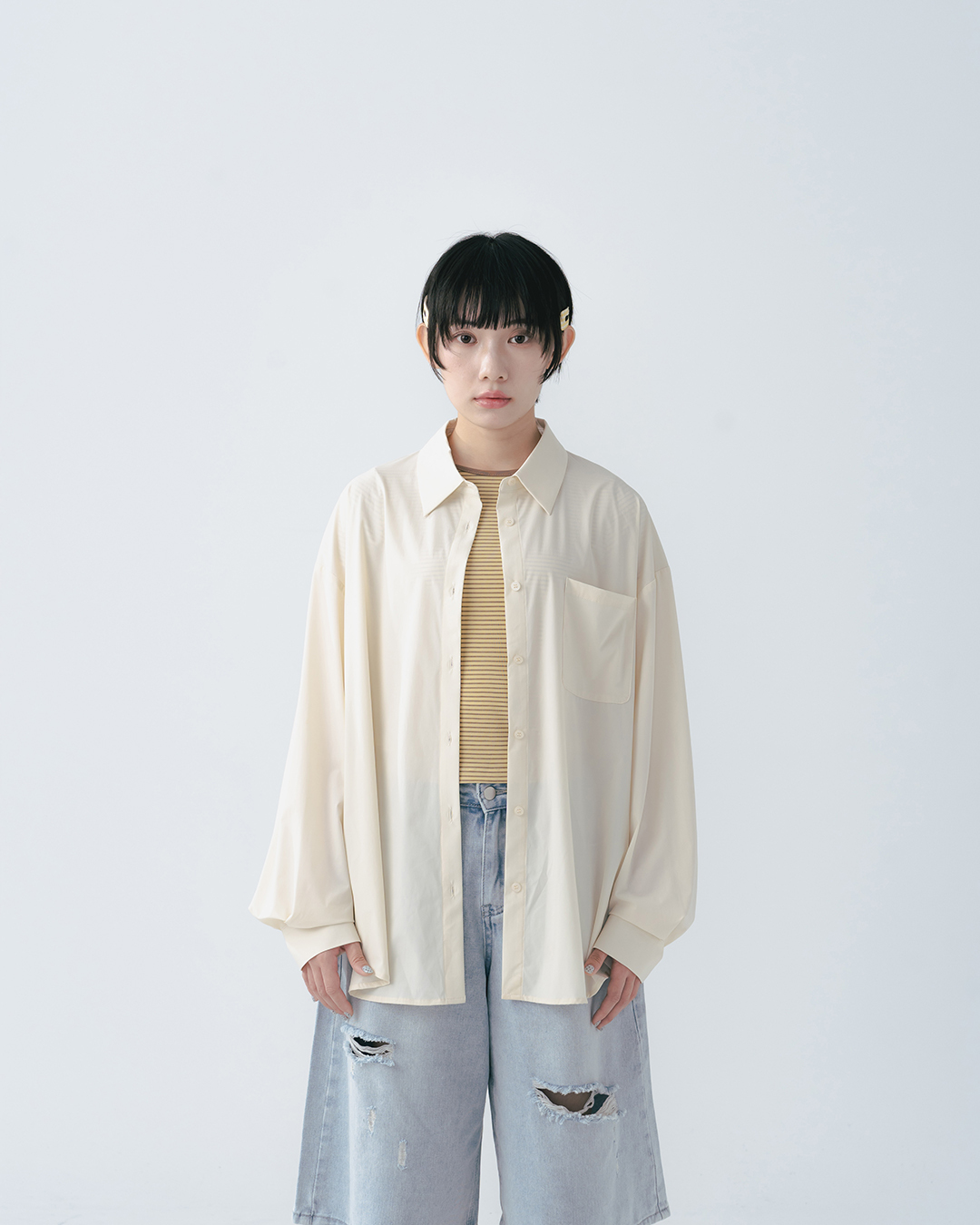 Simple plain long-sleeved shirt with a cool, sun-protective feel - Apricot【01025780】in stock+pre-order