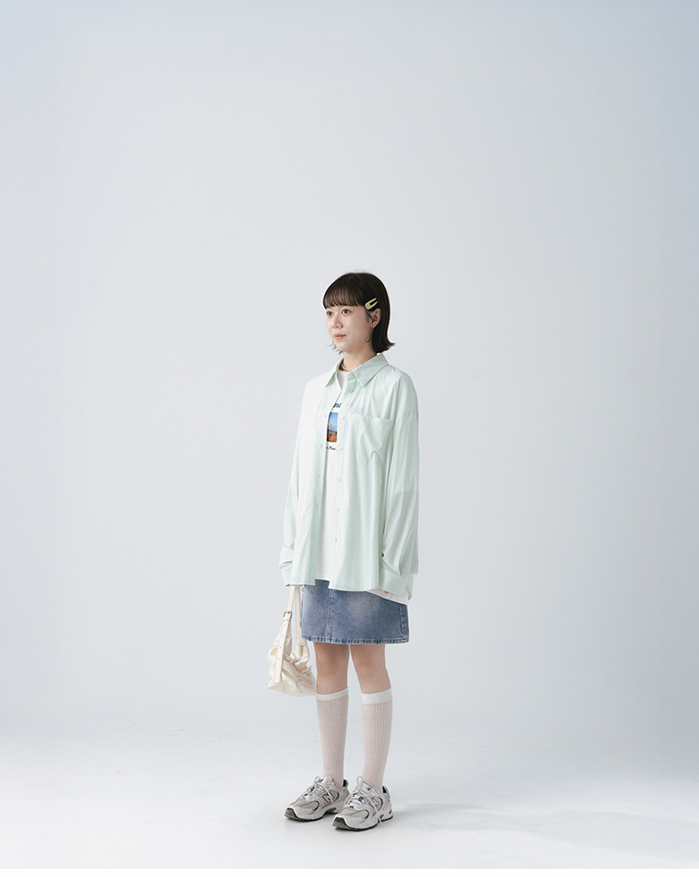 Simple plain long-sleeved shirt with a cool, sun-protective feel - green【01025781】in stock+pre-order