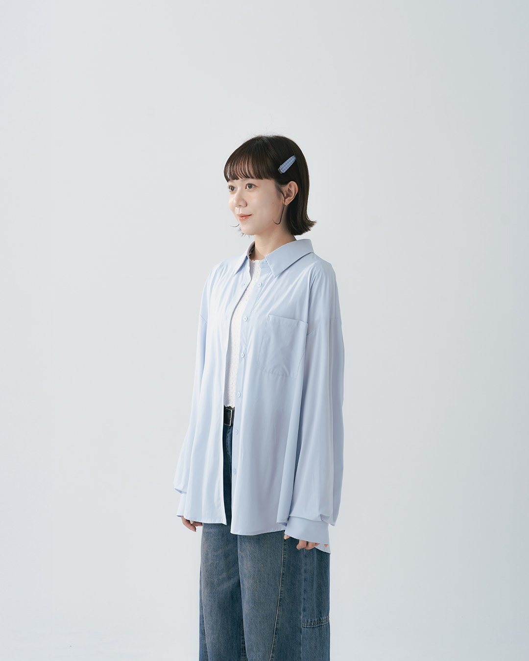 Simple plain long-sleeved shirt with a cool, sun-protective feel - blue【01025782】in stock+pre-order