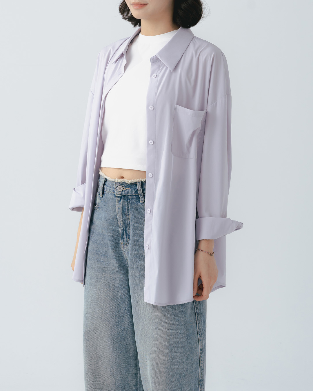 Simple plain long-sleeved shirt with a cool, sun-protective feel - purple【01025783】in stock+pre-order