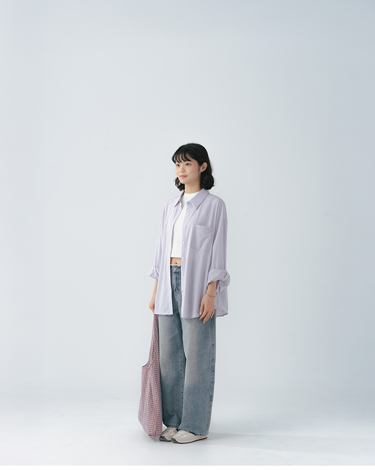Simple plain long-sleeved shirt with a cool, sun-protective feel - purple【01025783】in stock+pre-order