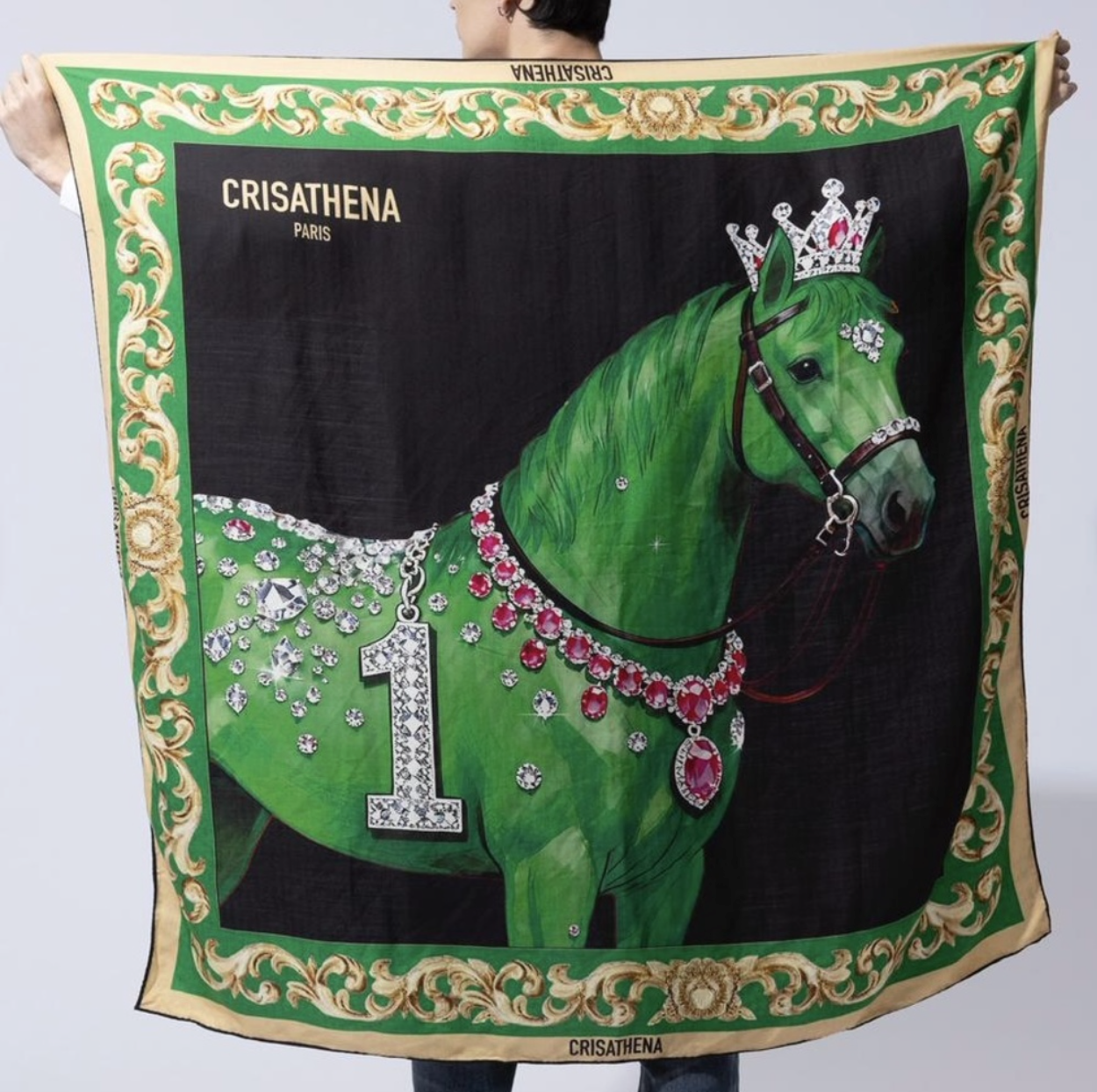 0710CR59-CRISATHENAHK-CLOTHING-Horse Scarf in Green,Black（A59）