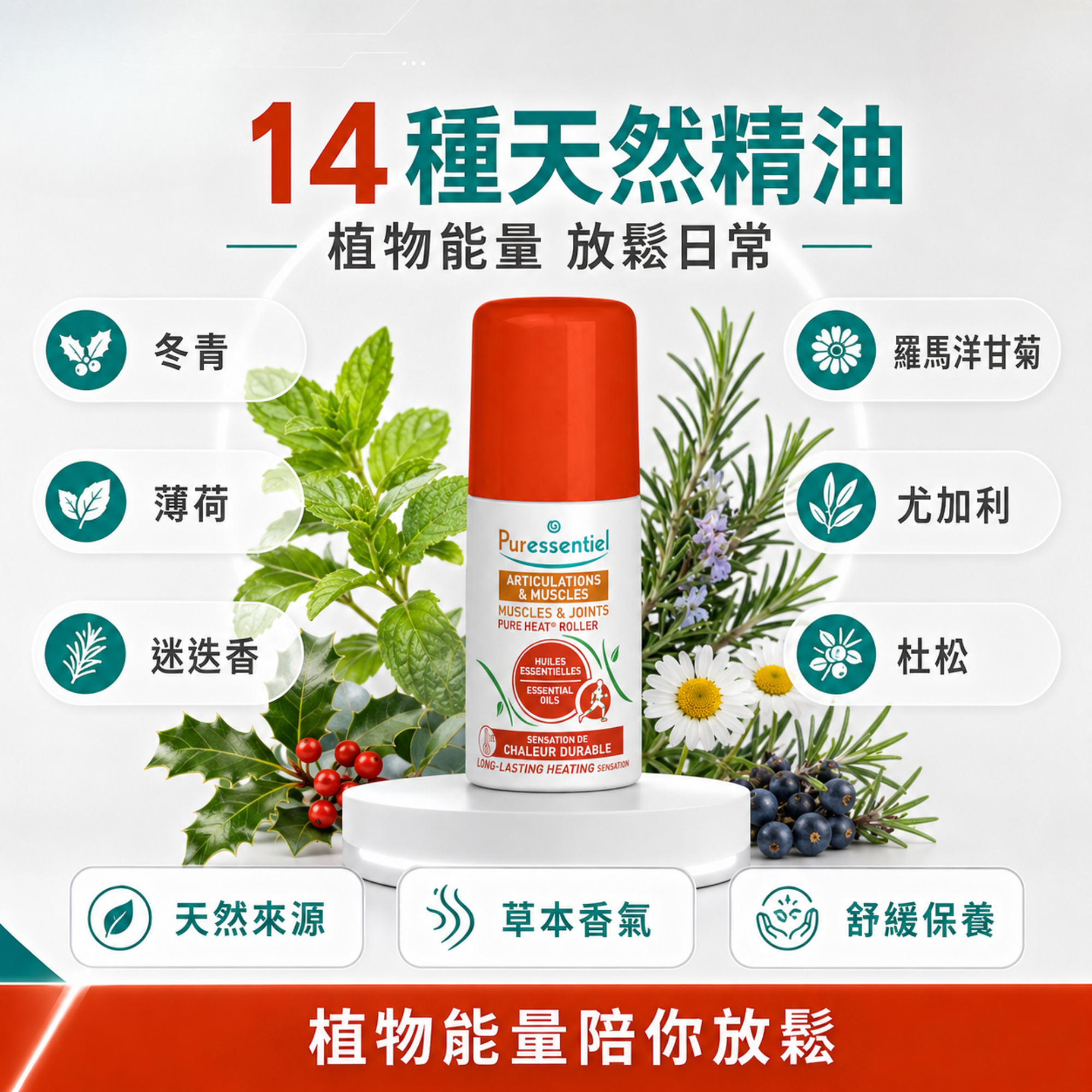 璞萃 E°14 深層熱動滾珠,結合 14 種天然精油植萃成分