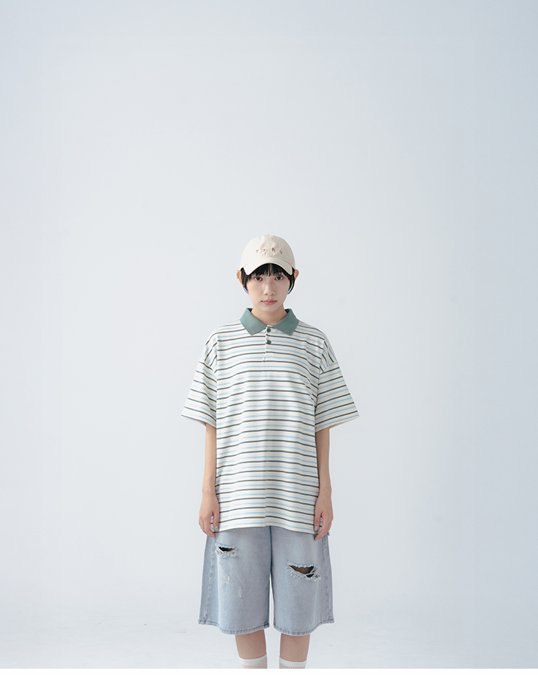 Striped polo collar short-sleeved top in three colors【01060083】in stock+pre-order