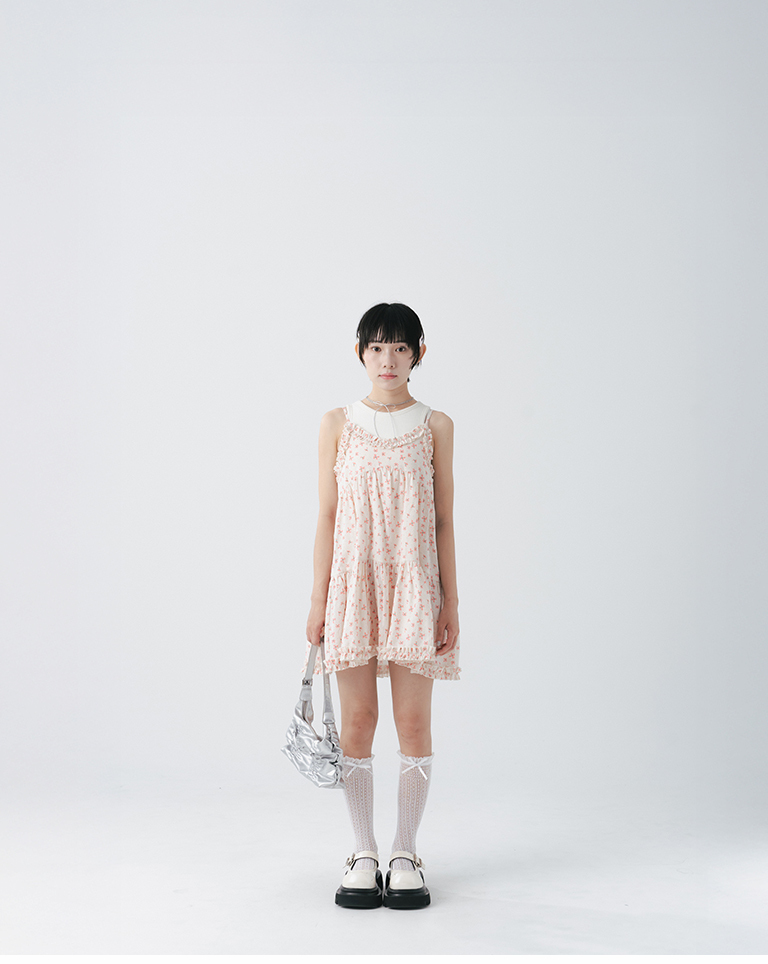 Floral print ruffled design spaghetti strap short dress【01087347】in stock+pre-order