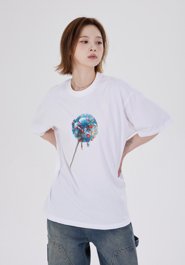 韓國代購 棒棒糖 男女同款 FLORAL DENIM CANDY T-SHIRT