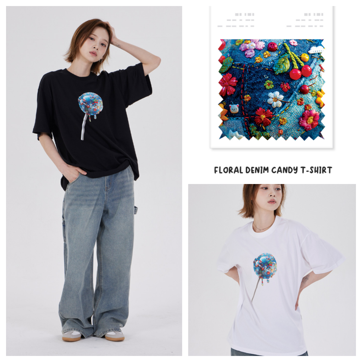 韓國代購 棒棒糖 男女同款 FLORAL DENIM CANDY T-SHIRT