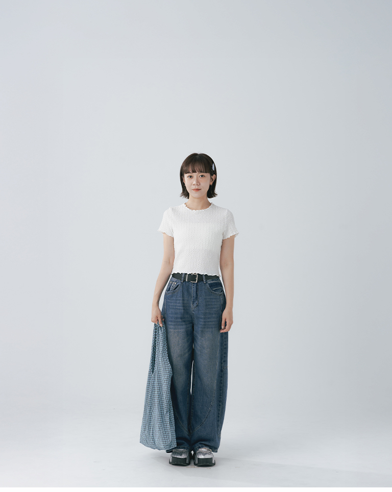 3D Jacquard Textured Ruffled Short-Sleeve Top - White S/M【01099807】in stock+pre-order
