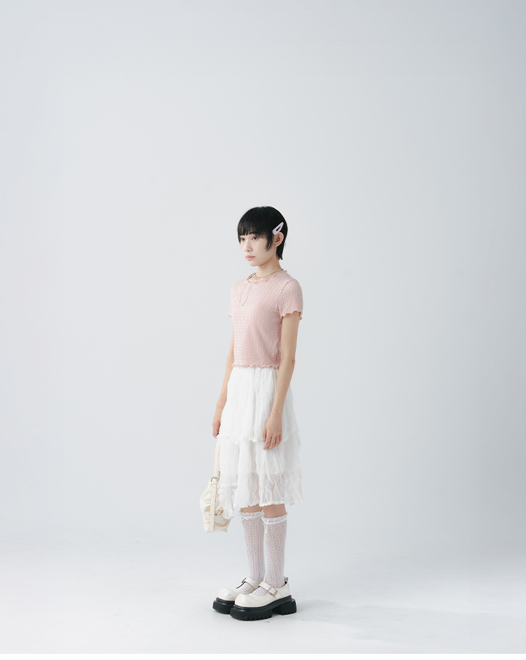 3D Jacquard Textured Ruffled Short-Sleeve Top - Pink (S/M)【01099809】in stock+pre-order